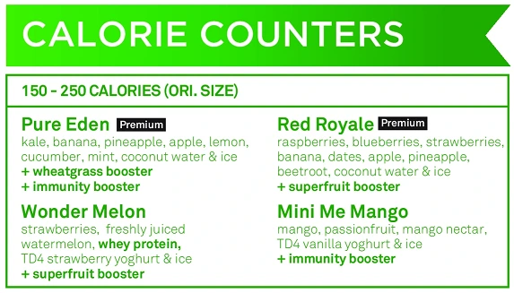 BOOST JUICE BAR CALORIES COUNTER MENU WITH PRICES FOR SINGAPORE