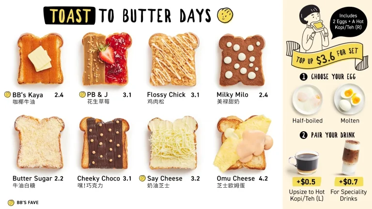 BUTTER BEAN TOAST SETS MENU WITH PRICES FOR SINGAPORE
