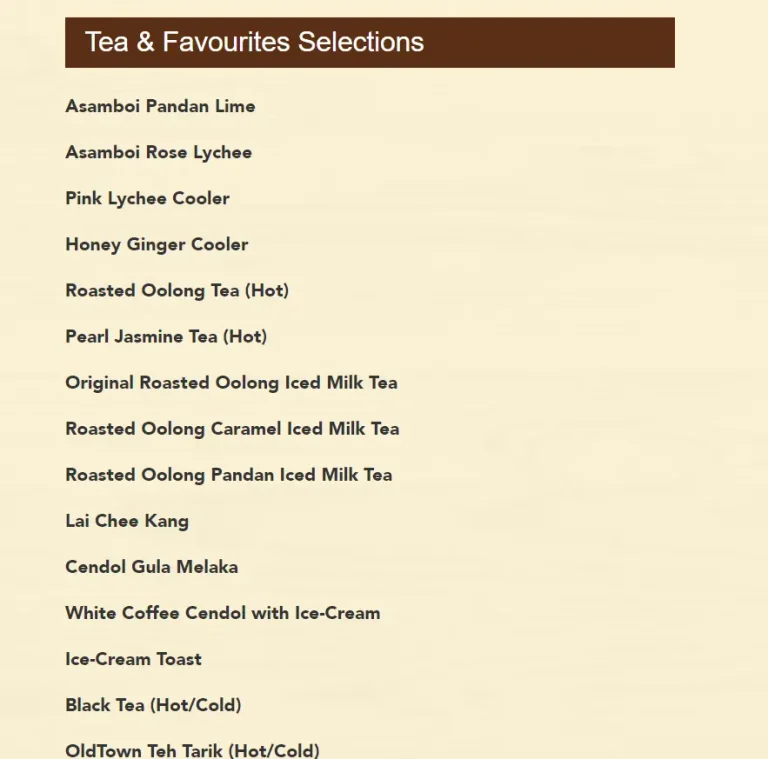 OLDTOWN WHITE COFFEE BEVERAGES MENU WITH PRICES FOR SINGAPORE