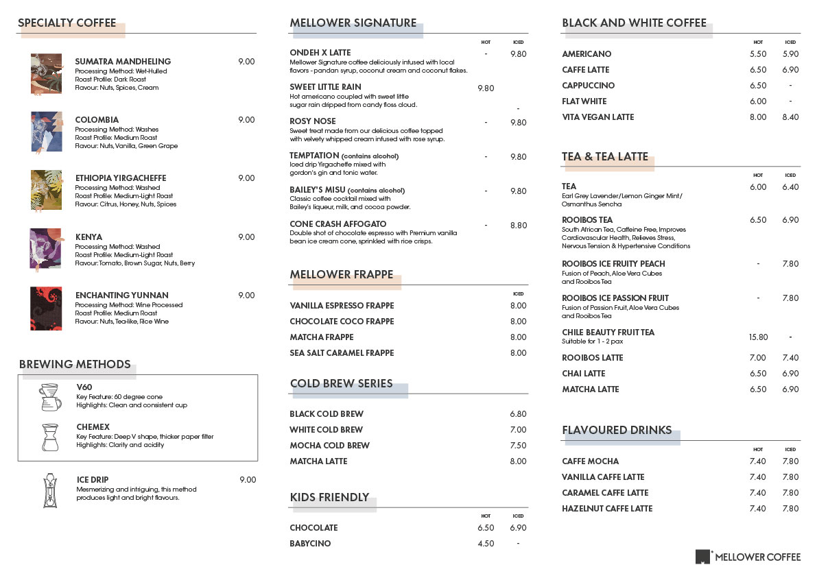 MELLOWER COFFEE SINGAPORE WHITE COFFEE MENU 2024