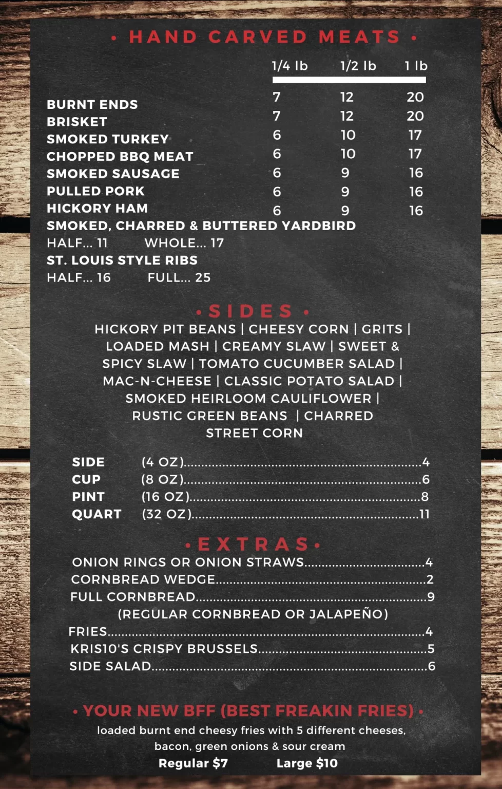 BURNT ENDS HAND CARVED MEATS MENU PRICES 2024
