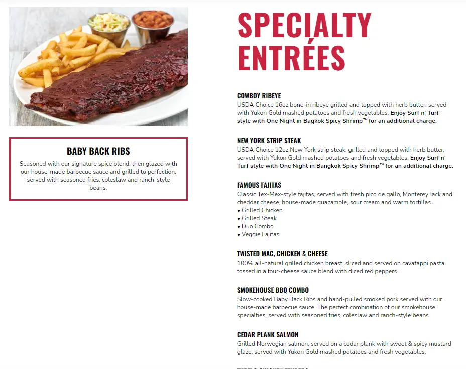 HARD ROCK CAFE SPECIALTY ENTREES MENU PRICES 2024