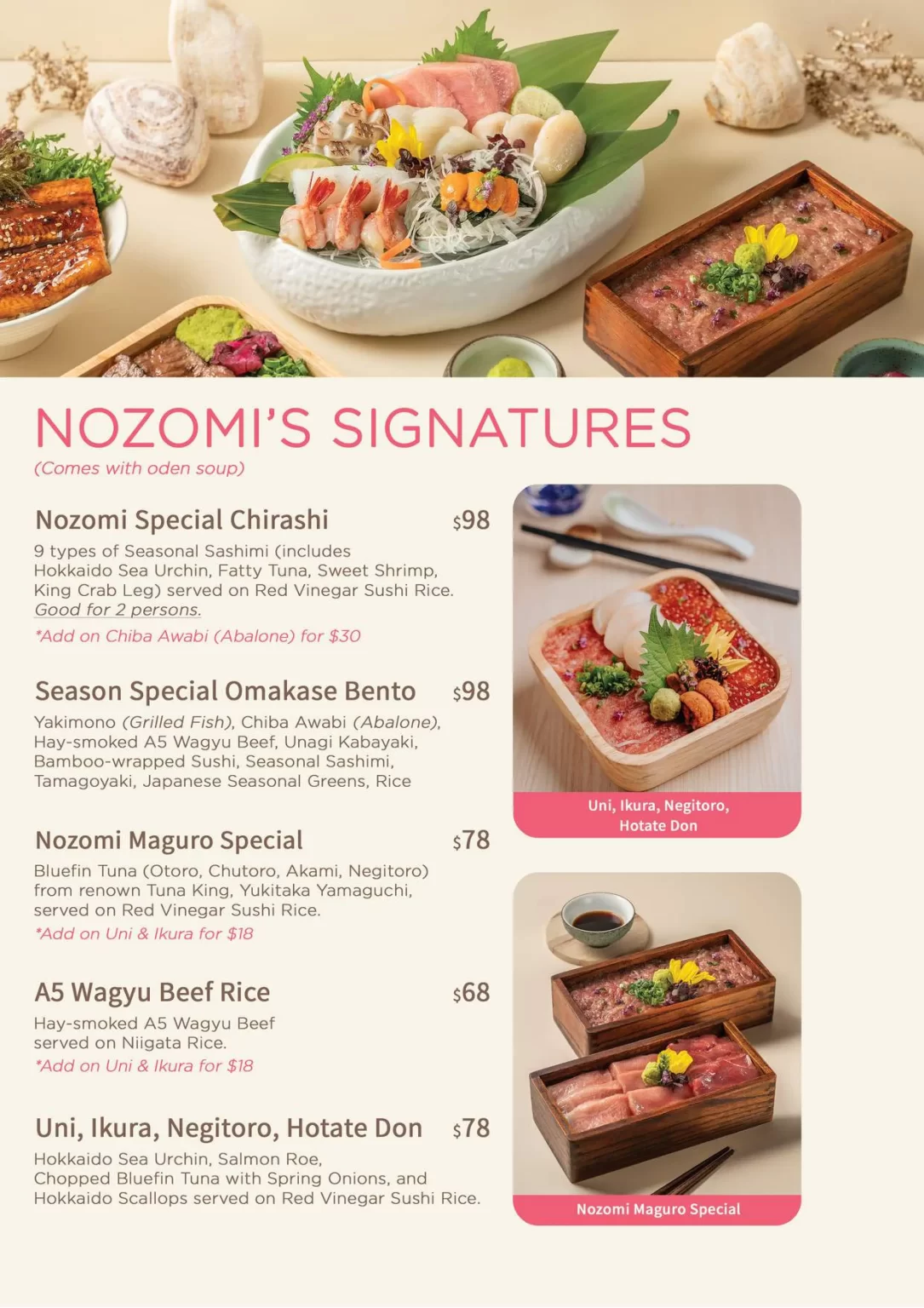 NOZOMI WINTER SIGNATURES MENU PRICE 2024