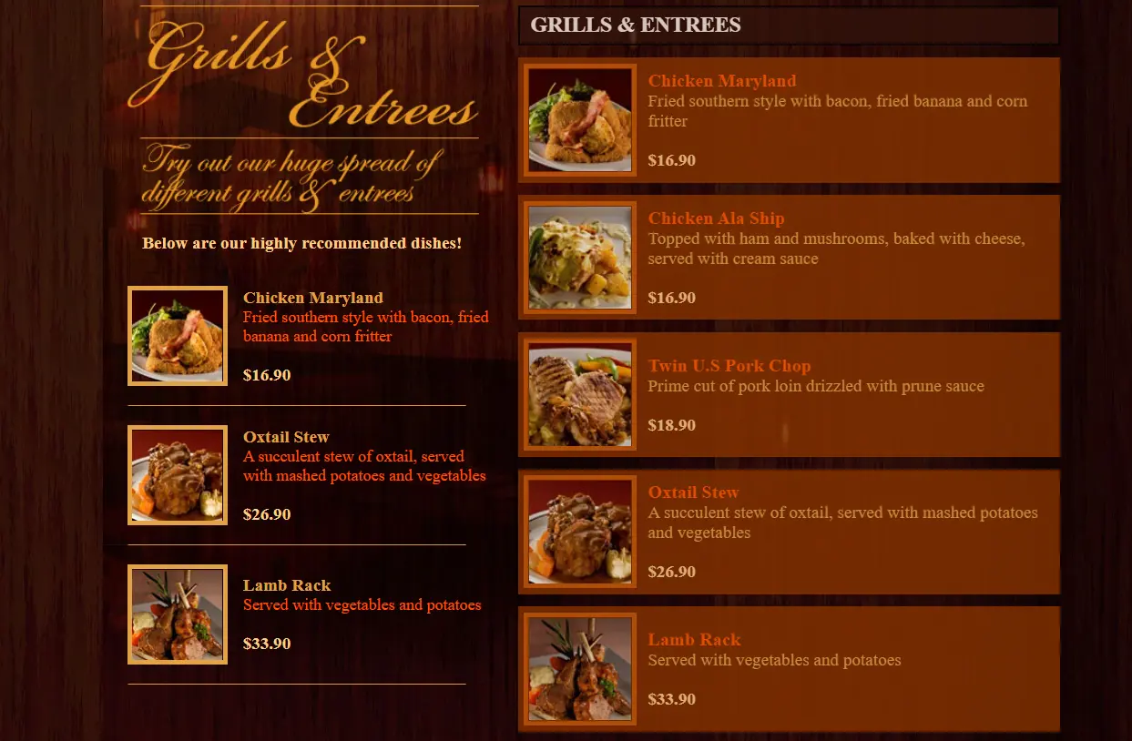 THE SHIP RESTAURANT GRILLS AND ENTREES MENU 2024