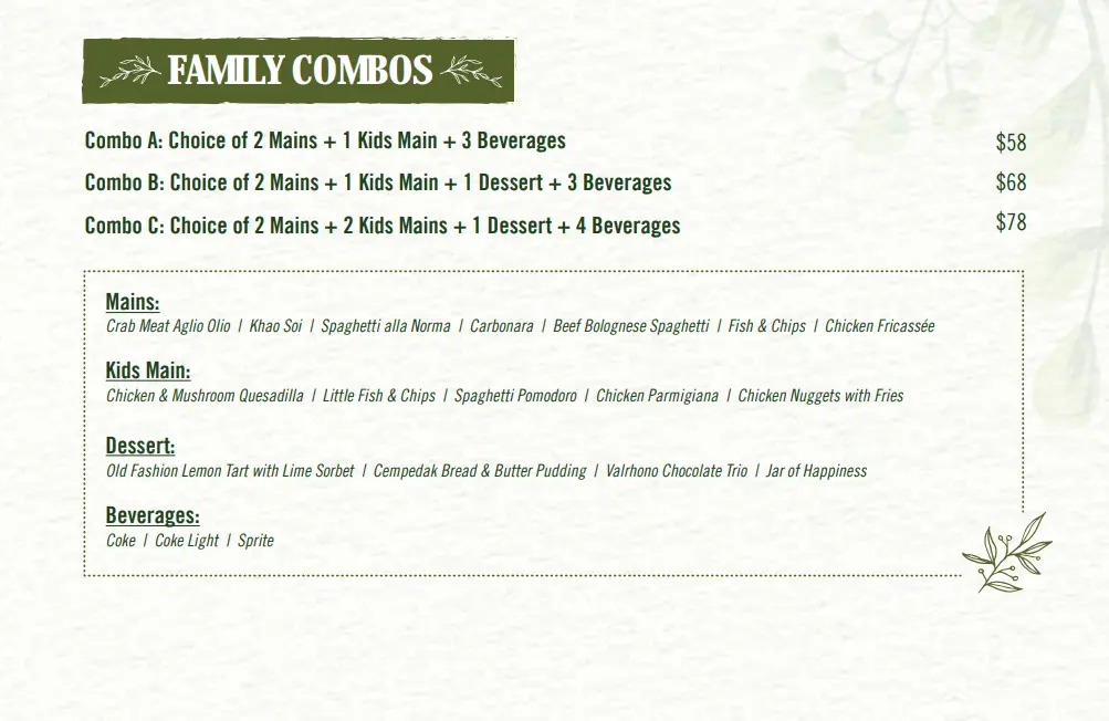 ARBORA FAMILY COMBOS MENU PRICES 2024