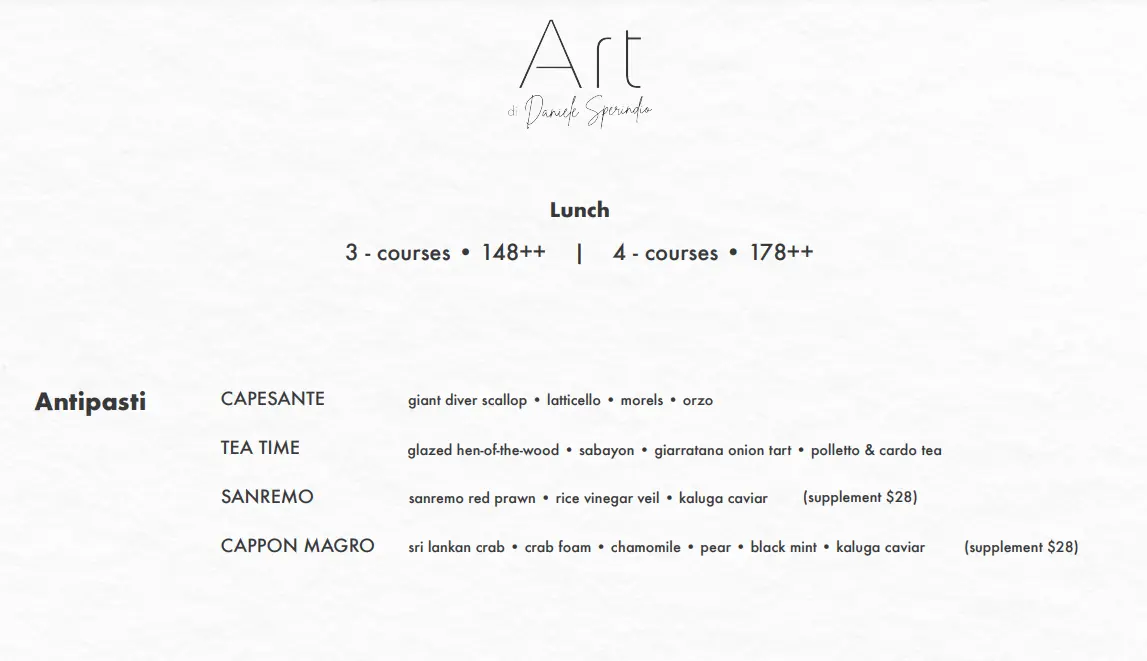 ART DI DANIELE SPERINDIO TASTING MENU WITH PRICES 2024