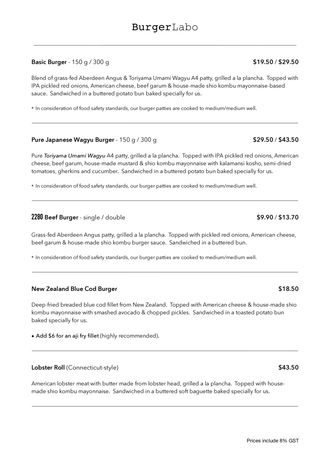 BURGERLABO BURGERS MENU WITH PRICES 2024