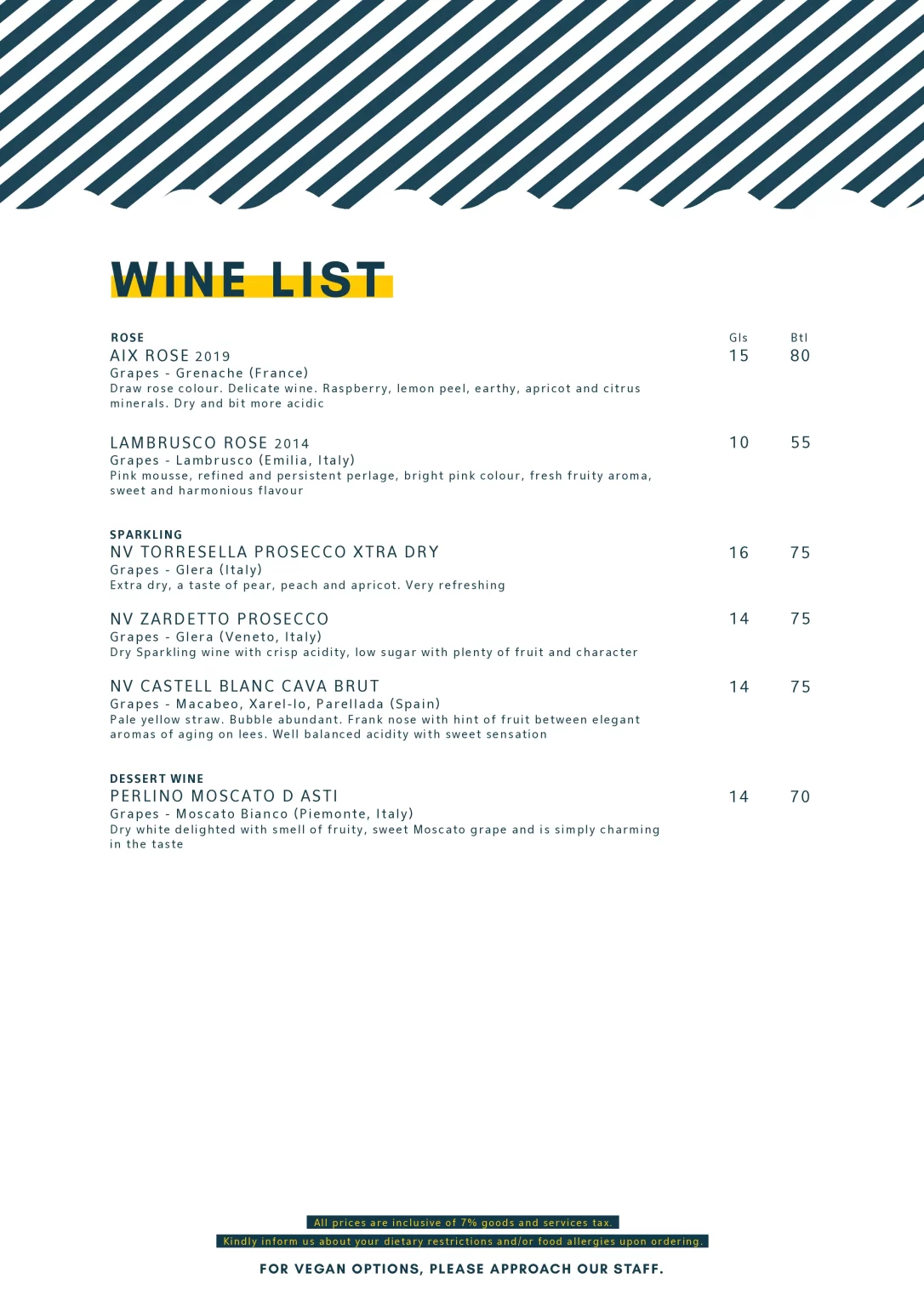 BEE’S KNEES WINES MENU 2024