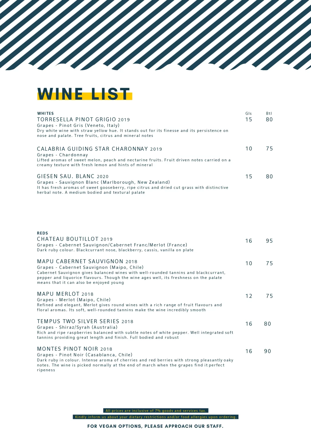 BEE’S KNEES WINES MENU 2024