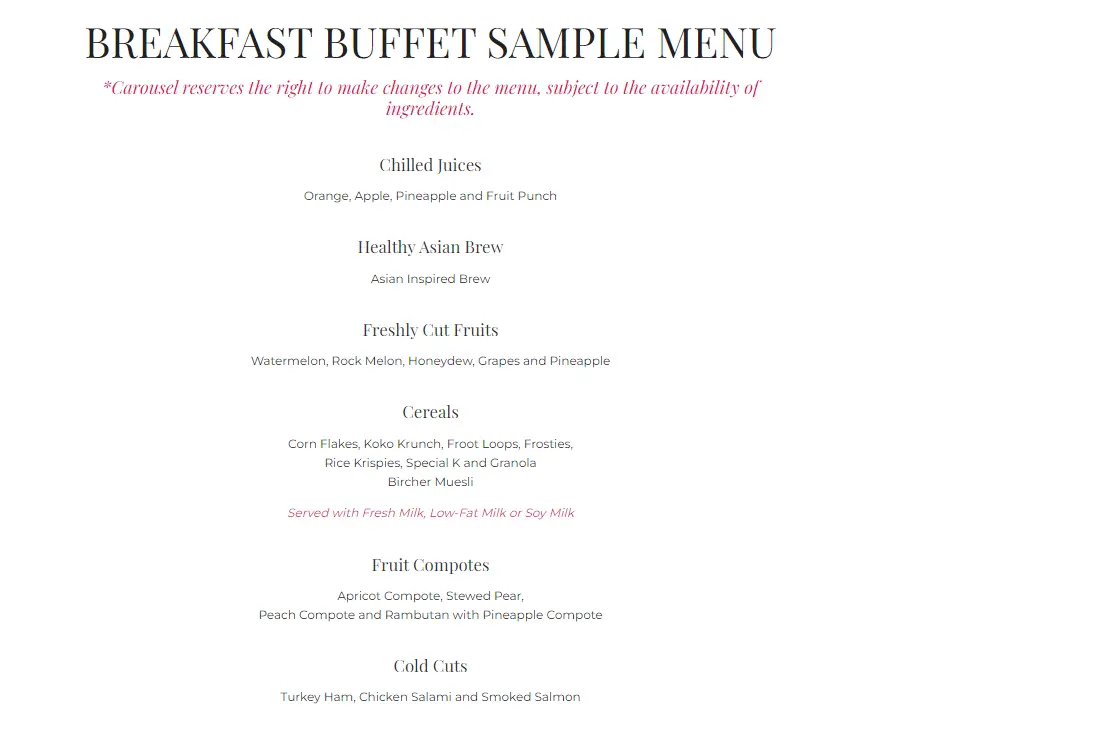 CAROUSEL BREAKFAST BUFFET MENU WITH PRICES 2024