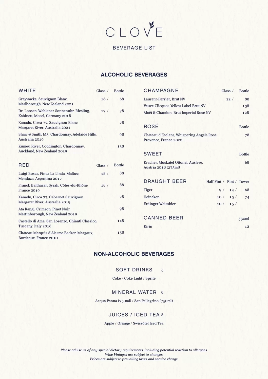 CLOVE BEVERAGES MENU PRICES 2024