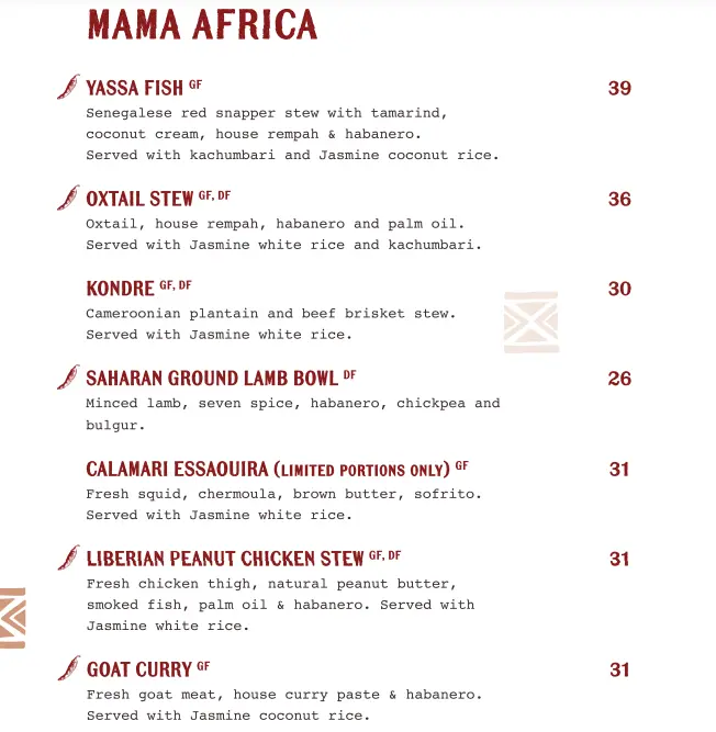 KAFE UTU FROM MAMA AFRICA MENU PRICES 2024