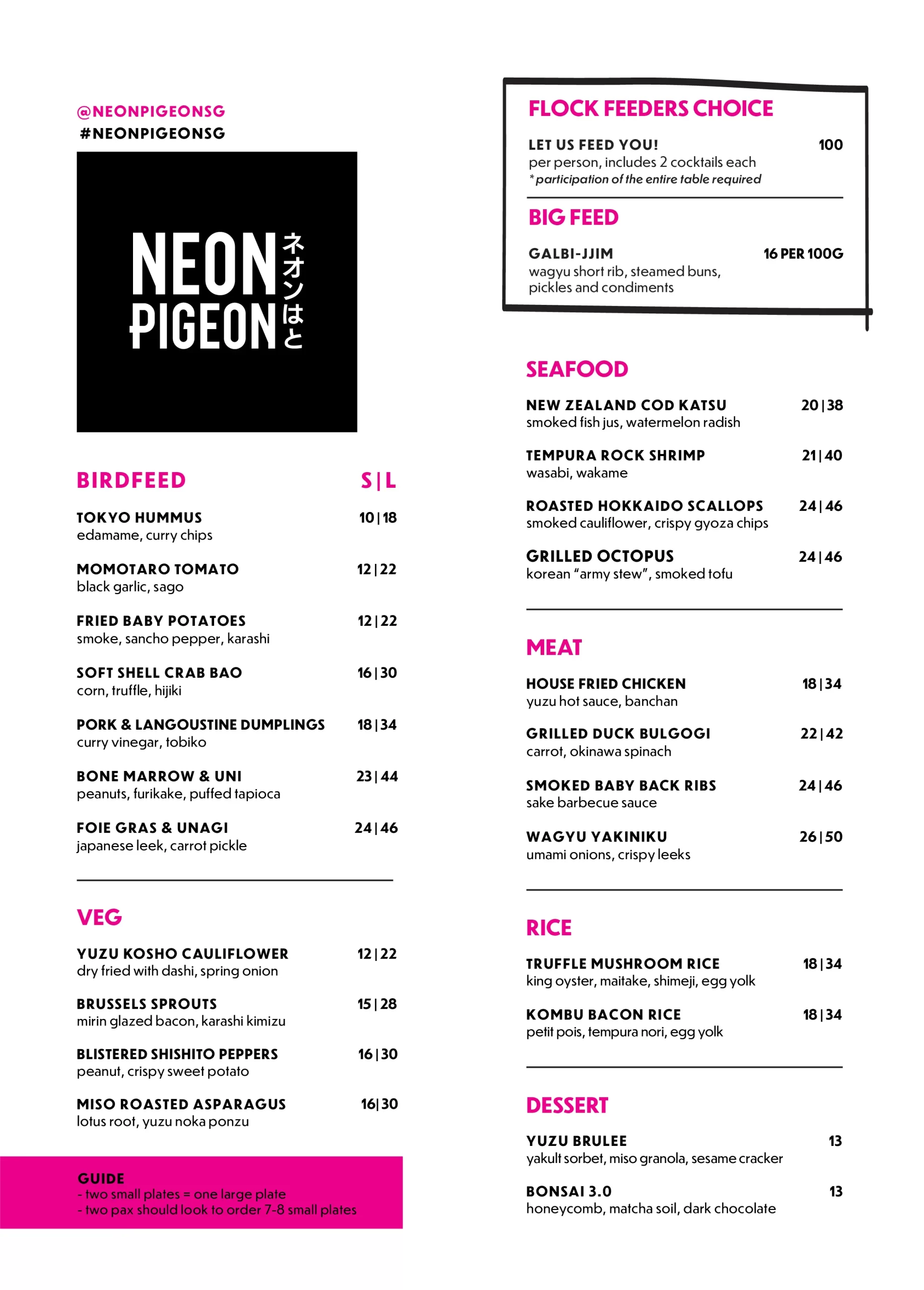 NEON PIGEON A LA CARTE MENU 2024