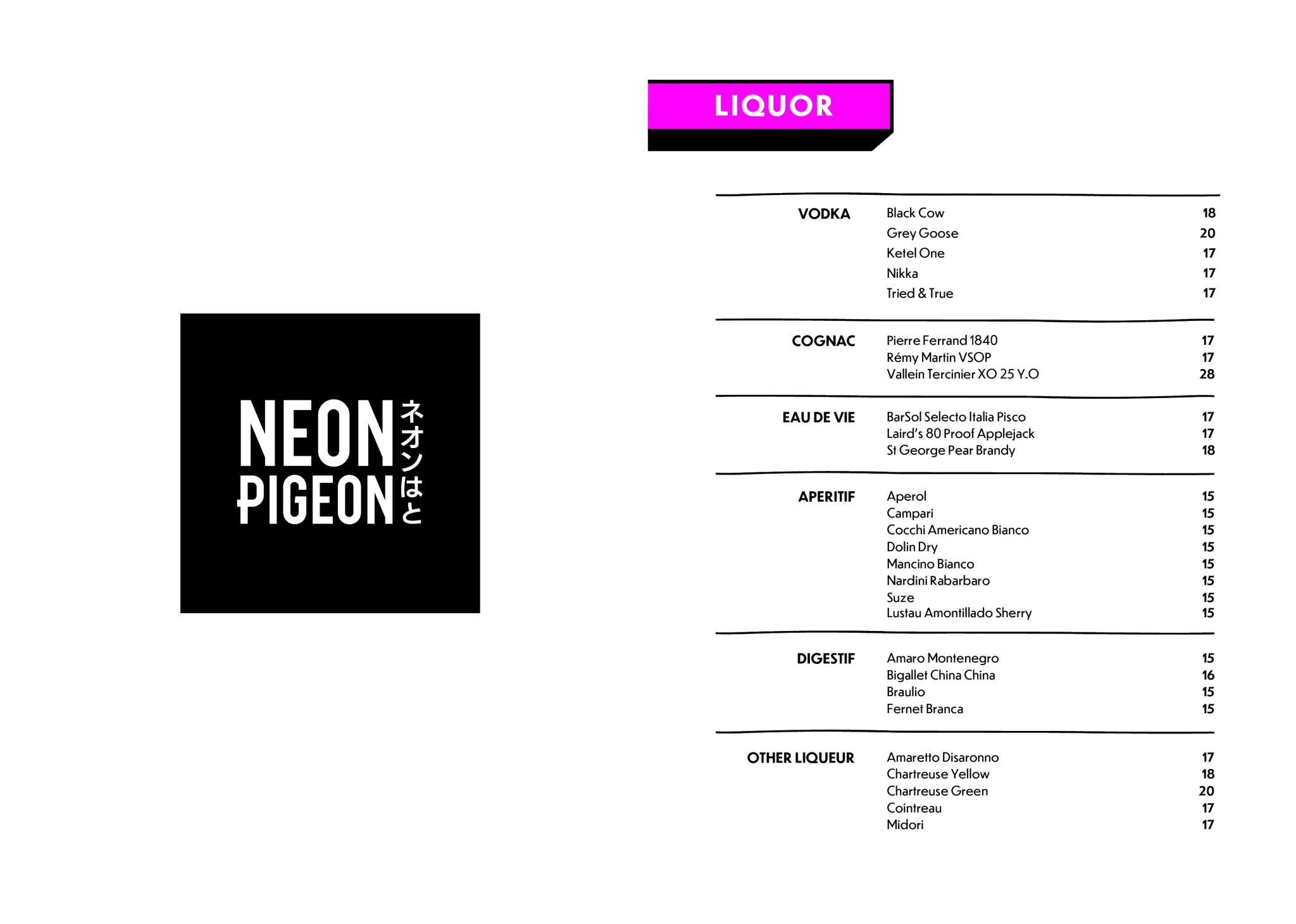 NEON PIGEON BEVERAGES MENU 2024