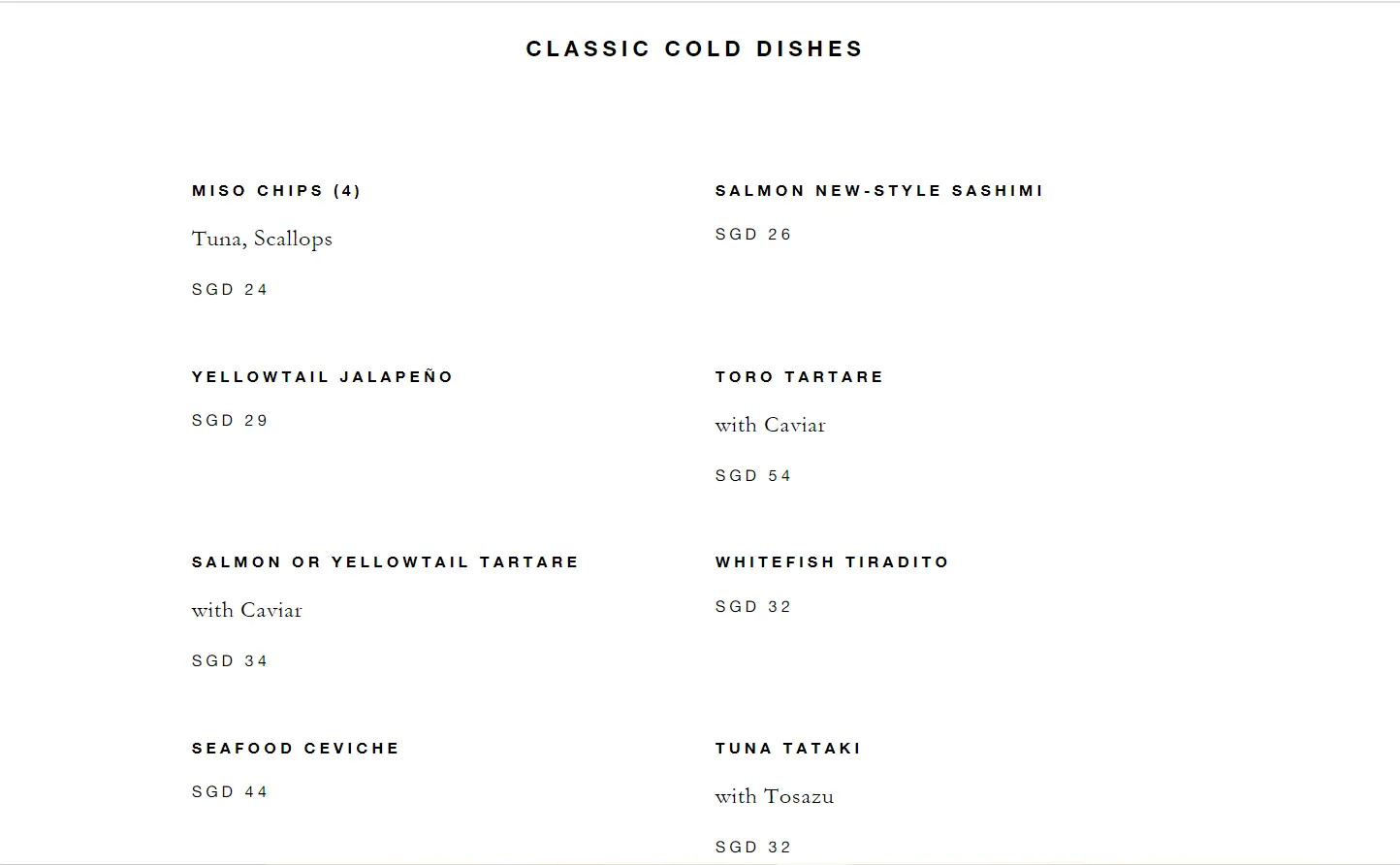 NOBU CLASSIC COLD MENU WITH PRICES 2024