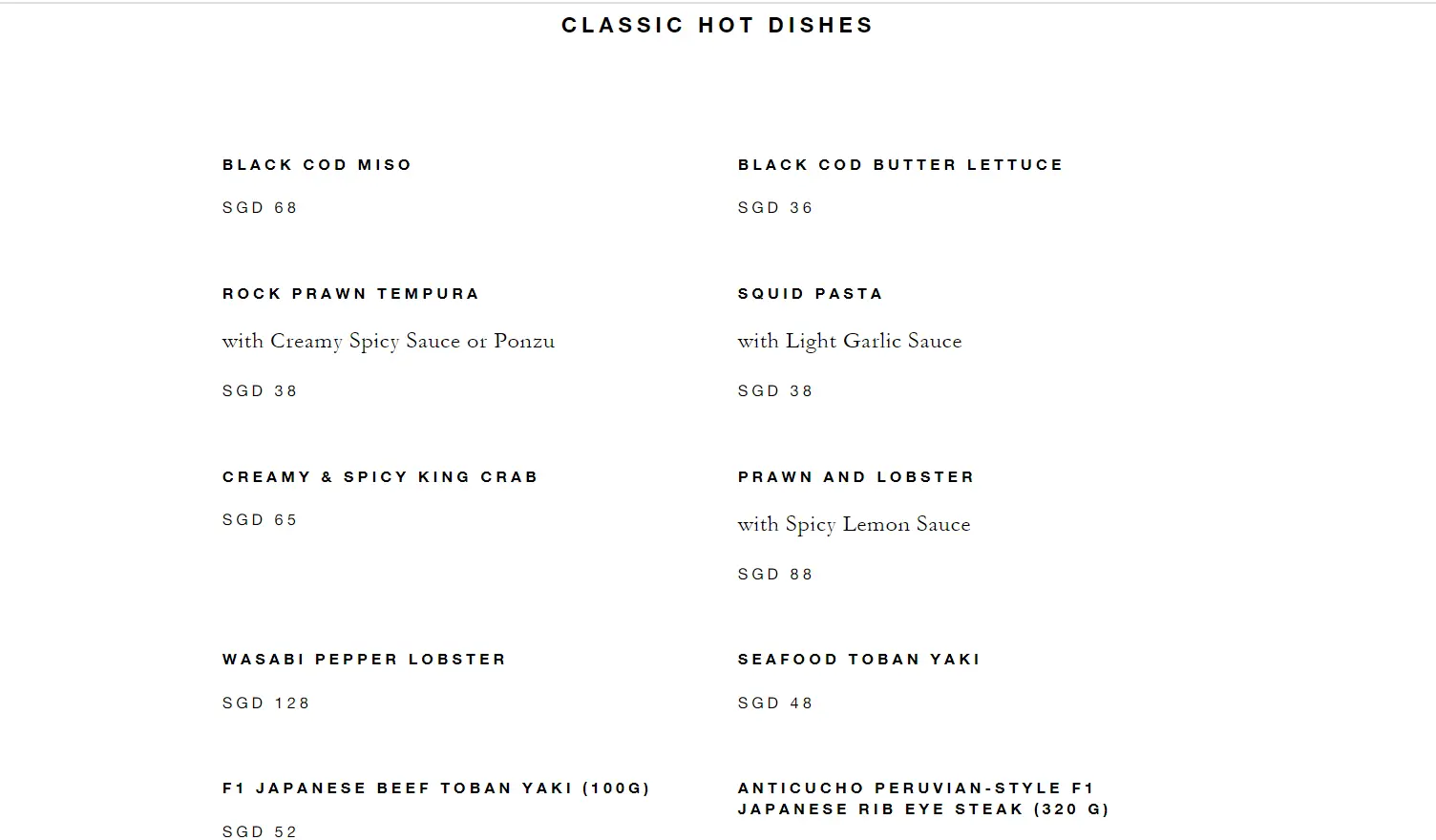 NOBU CLASSIC HOT MENU PRICES 2024