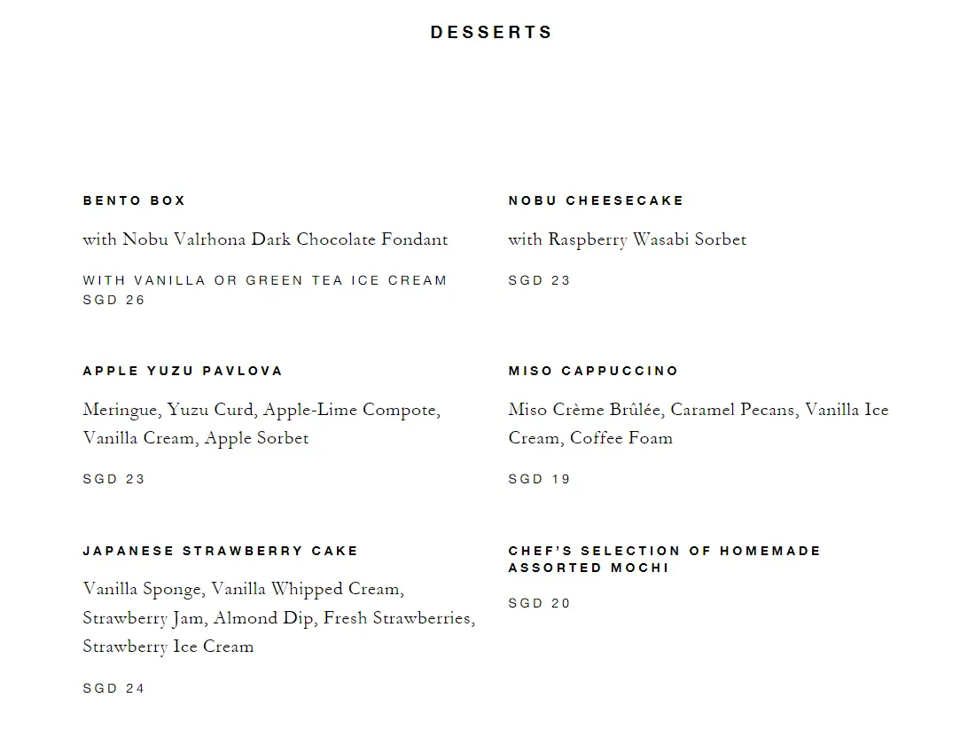 NOBU DESSERTS MENU PRICES 2024