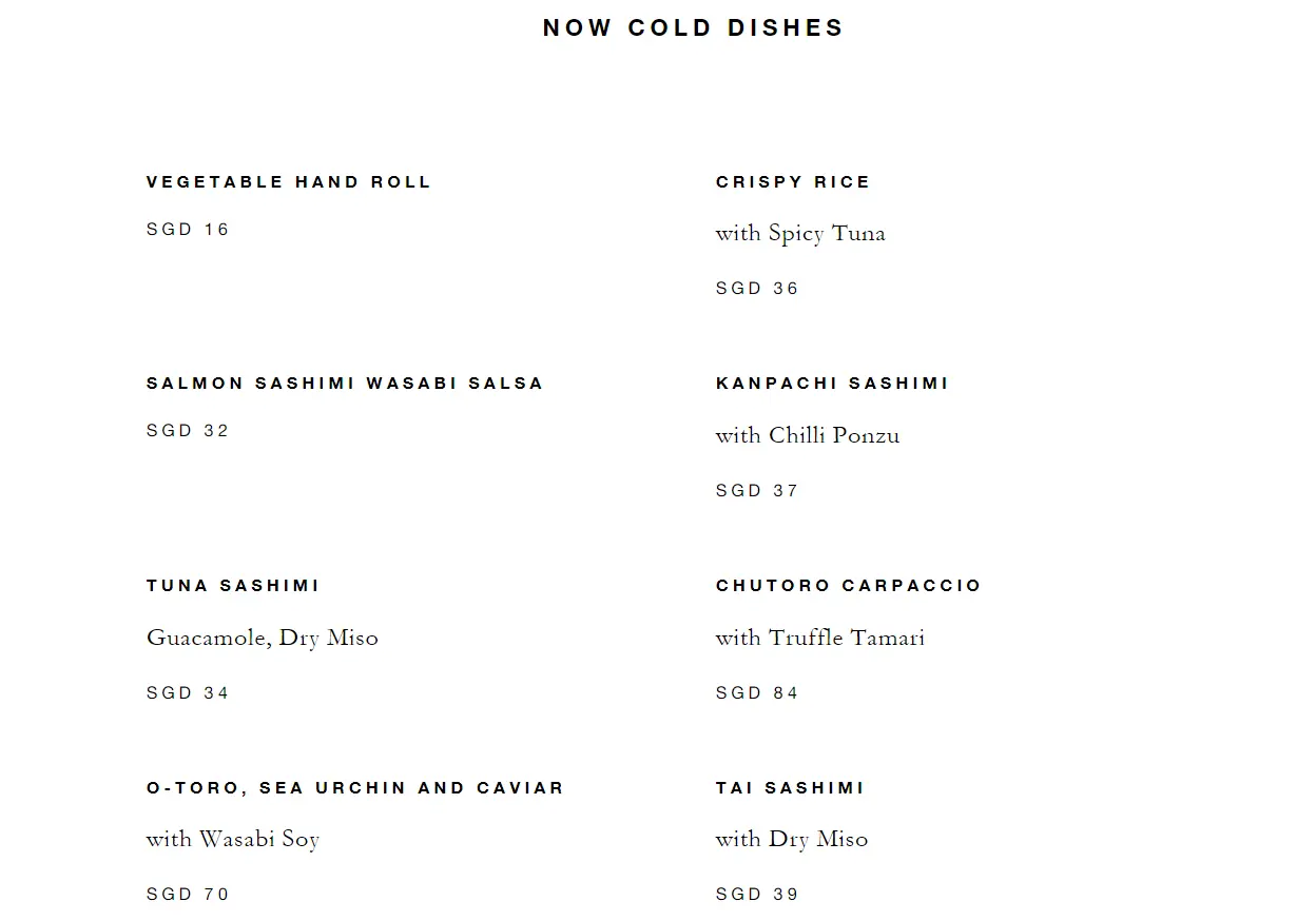 NOBU NOW COLD MENU PRICES 2024