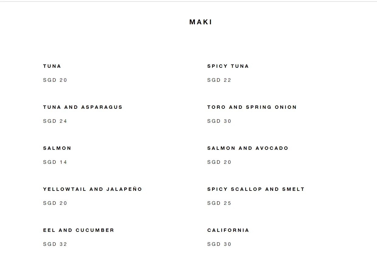 NOBU SUSHI MAKI MENU PRICES 2024