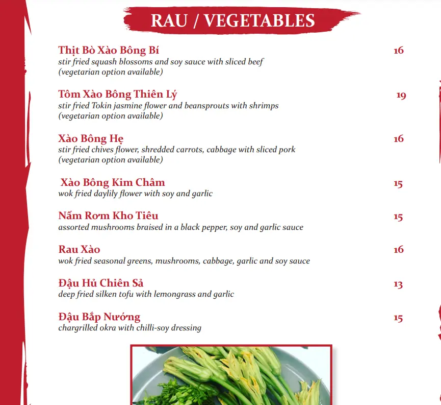 RED SPARROW VEGETABLES MENU PRICES 2024