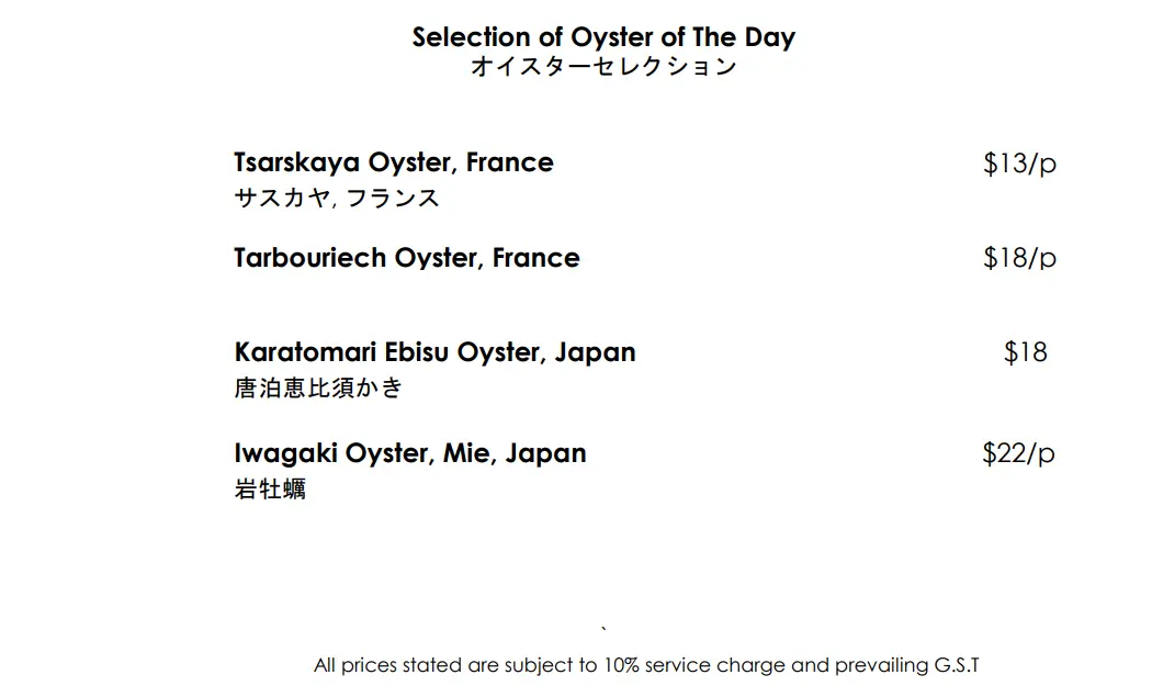 WAKU GHIN OYSTER OF THE DAY MENU PRICES 2024