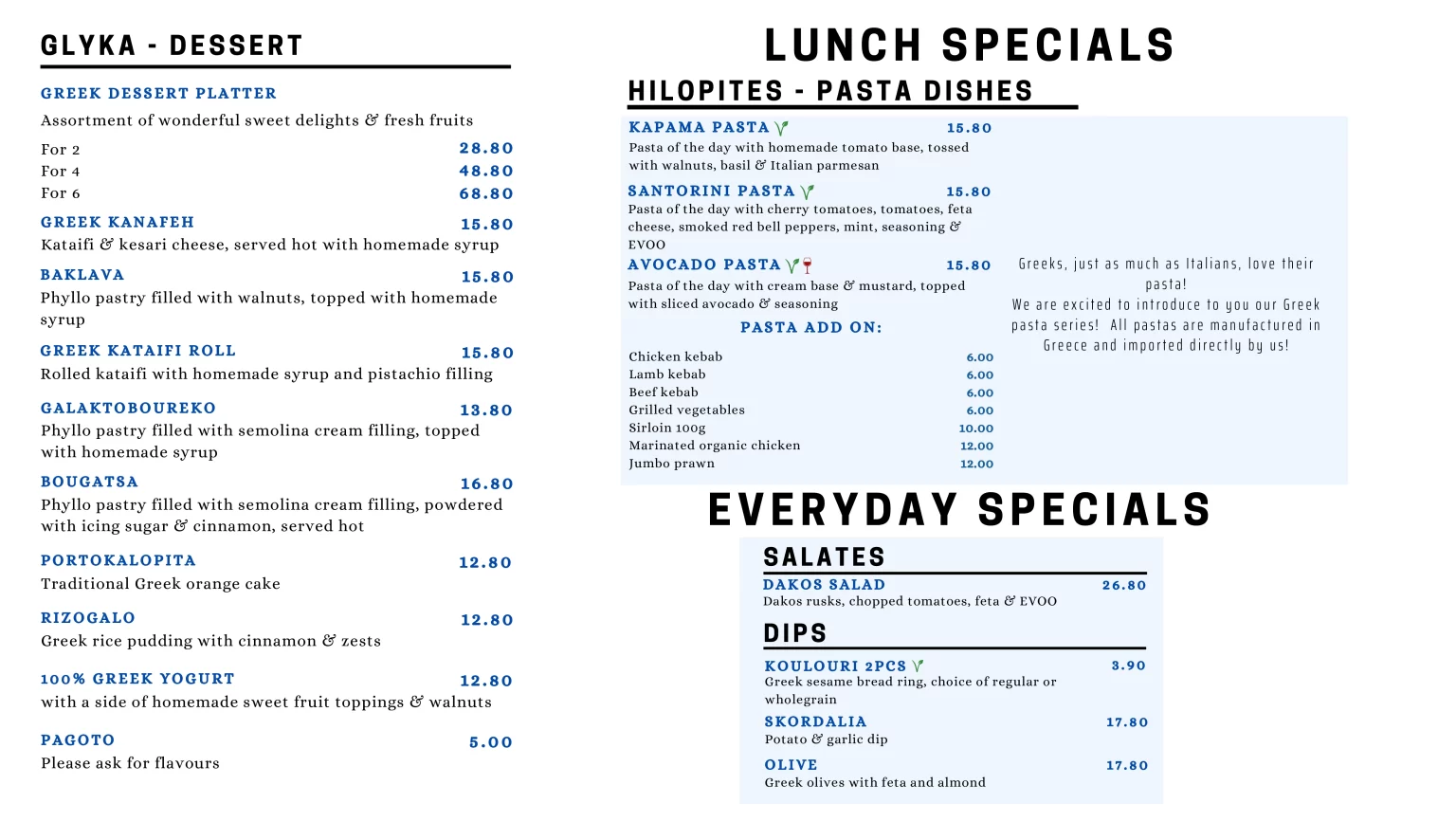 BLU KOUZINA PASTA DISHES(LUNCH SPECIALS) MENU 2024