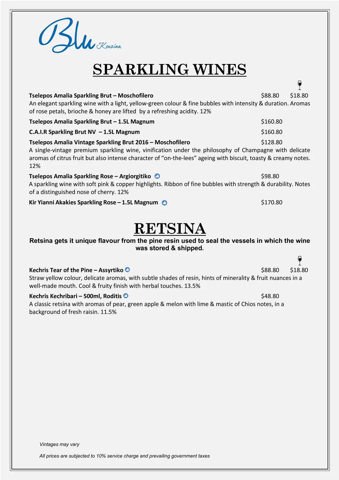 BLU KOUZINA SINGAPORE SPARKLING WINES MENU 2024