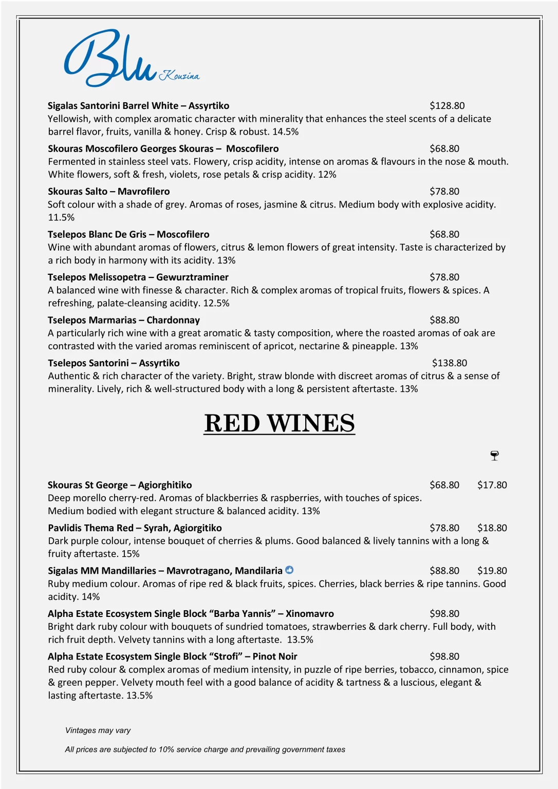 BLU KOUZINA SINGAPORE WHITE WINES MENU 2024