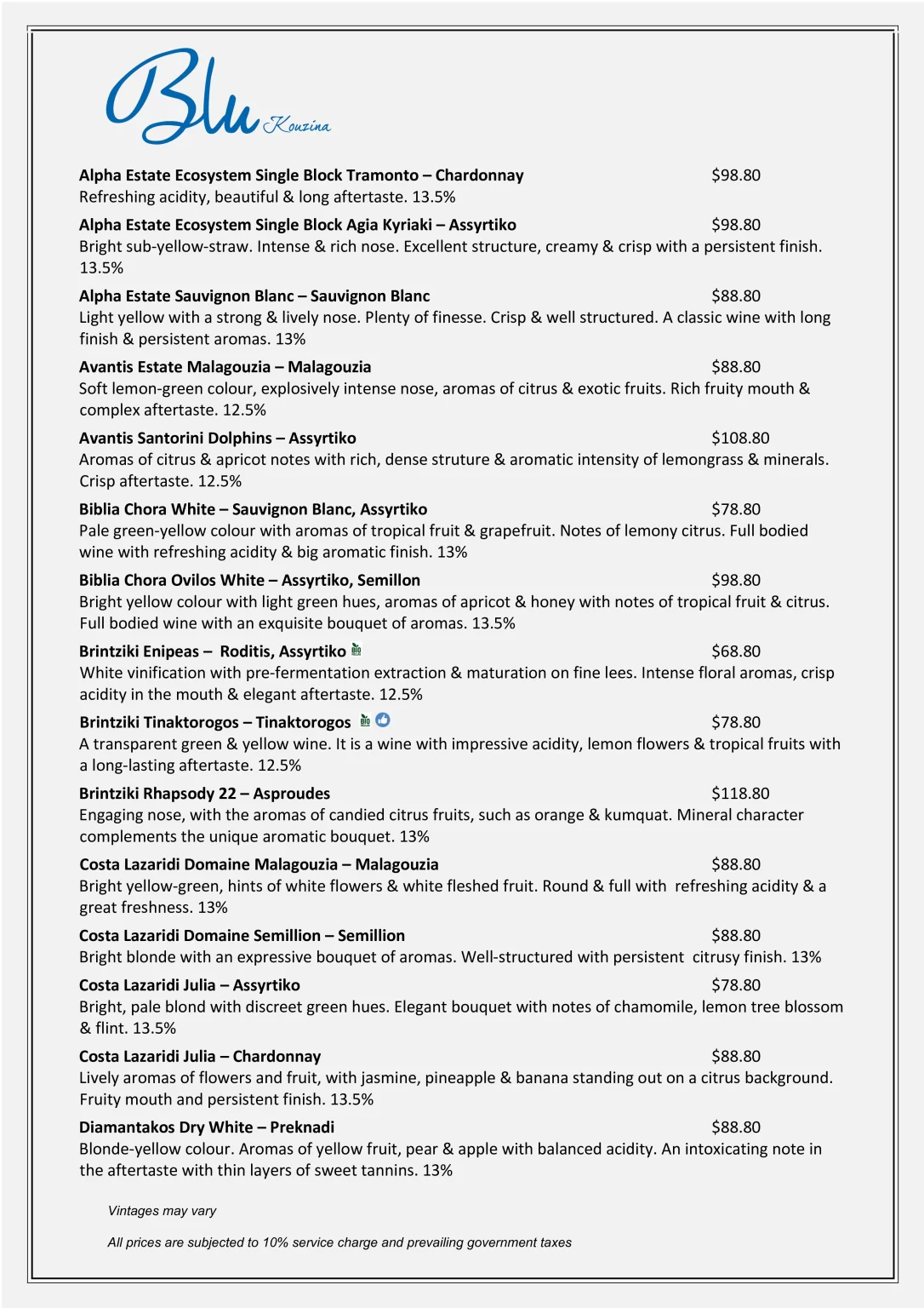 BLU KOUZINA SINGAPORE WHITE WINES MENU 2024