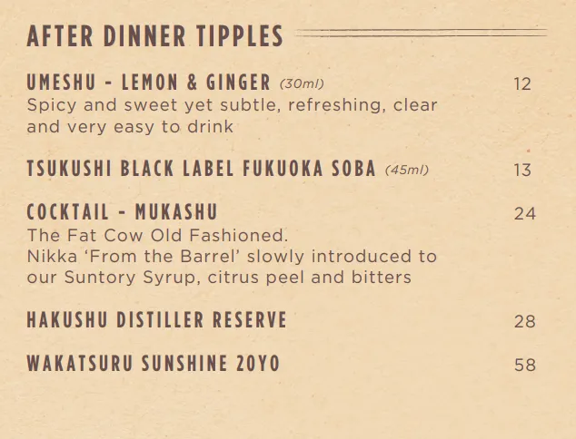 FAT COW AFTER DINNER TIPPLES MENU PRICES 2024