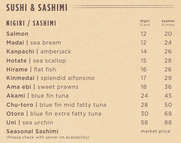 FAT COW SUSHI AND SASHIMI MENU 2024