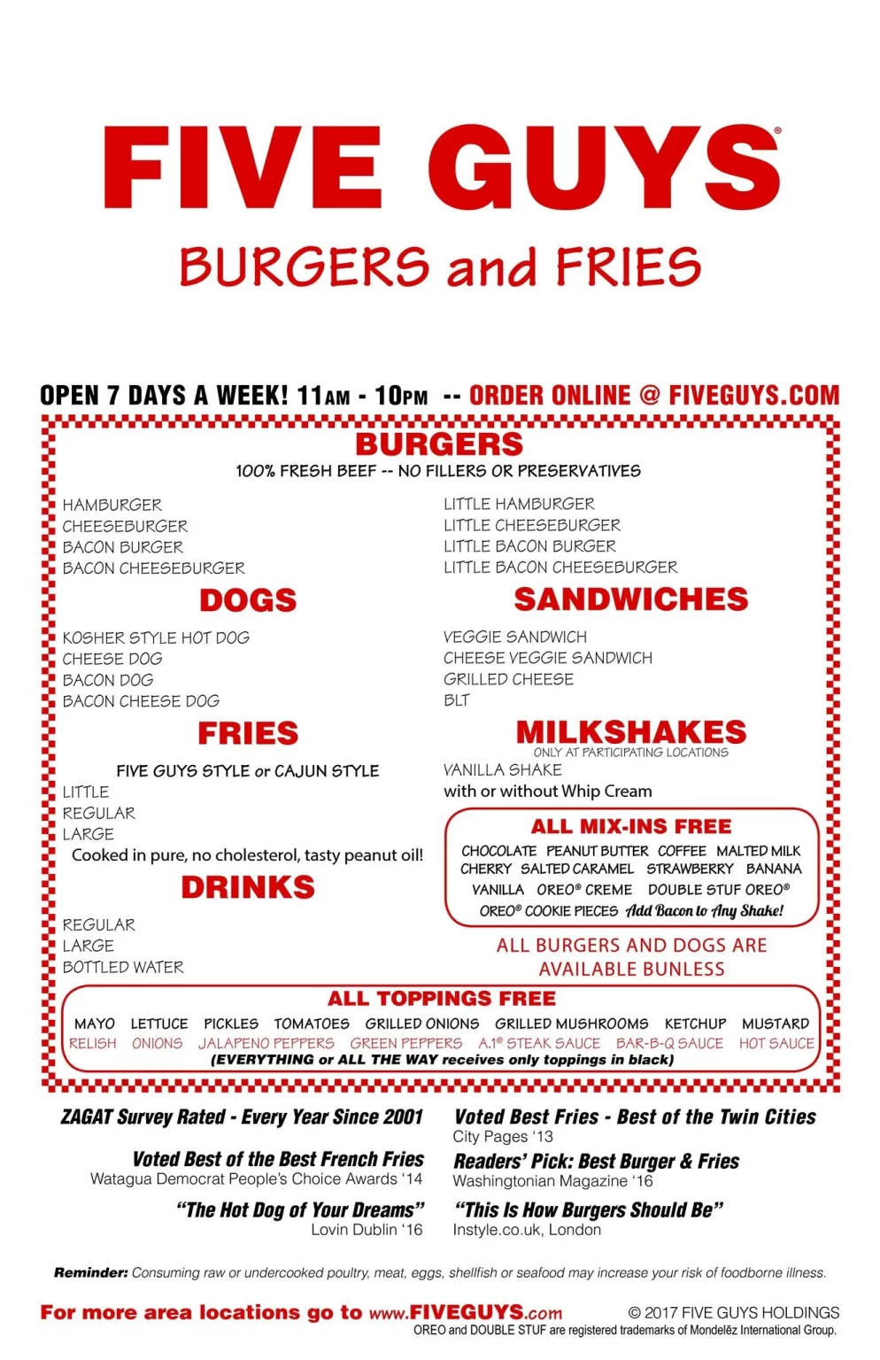 FIVE GUYS BURGERS MENU 2024