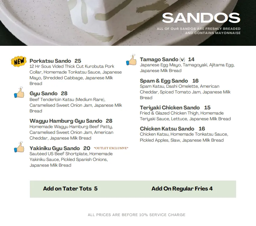 HELLO ARIGATO SANDOS MENU PRICES 2024