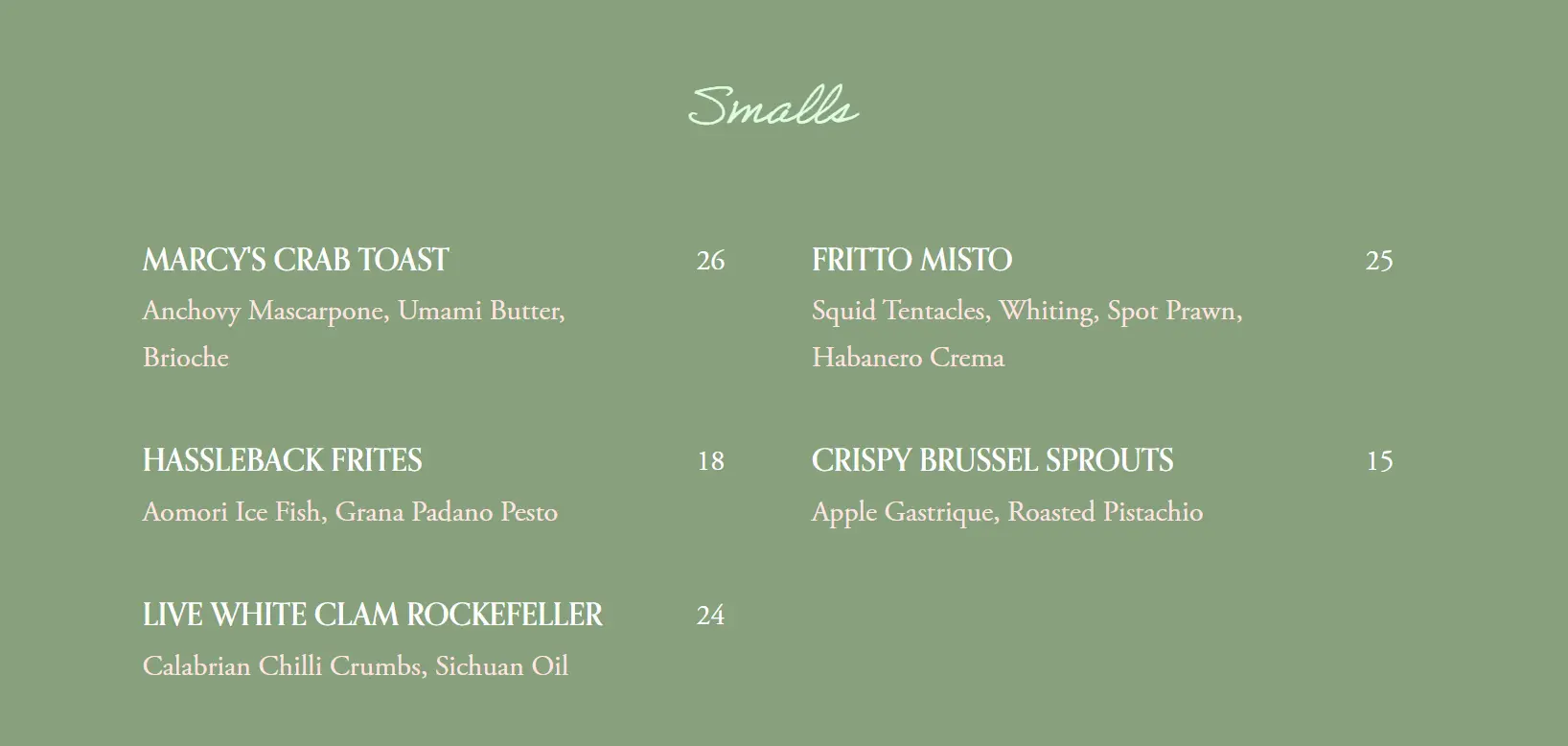 MARCY’S SMALLS MENU PRICES 2024