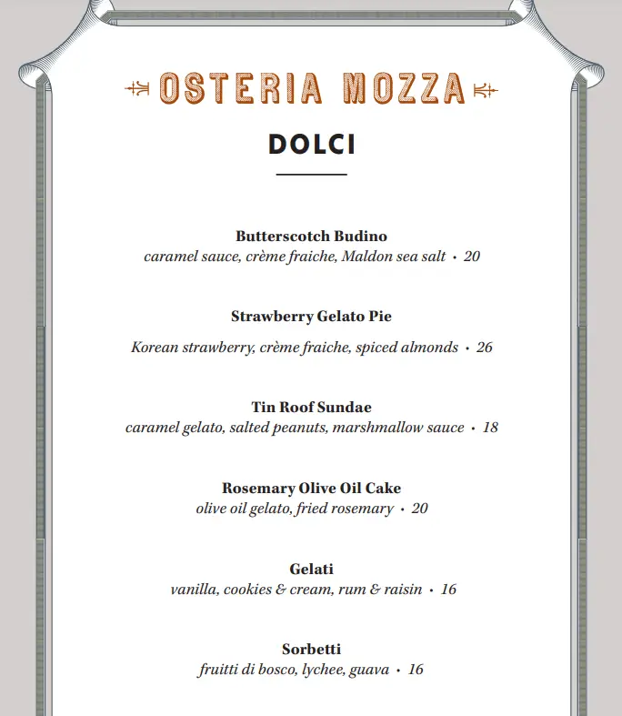 OSTERIA MOZZA DOLCI MENU PRICES 2024