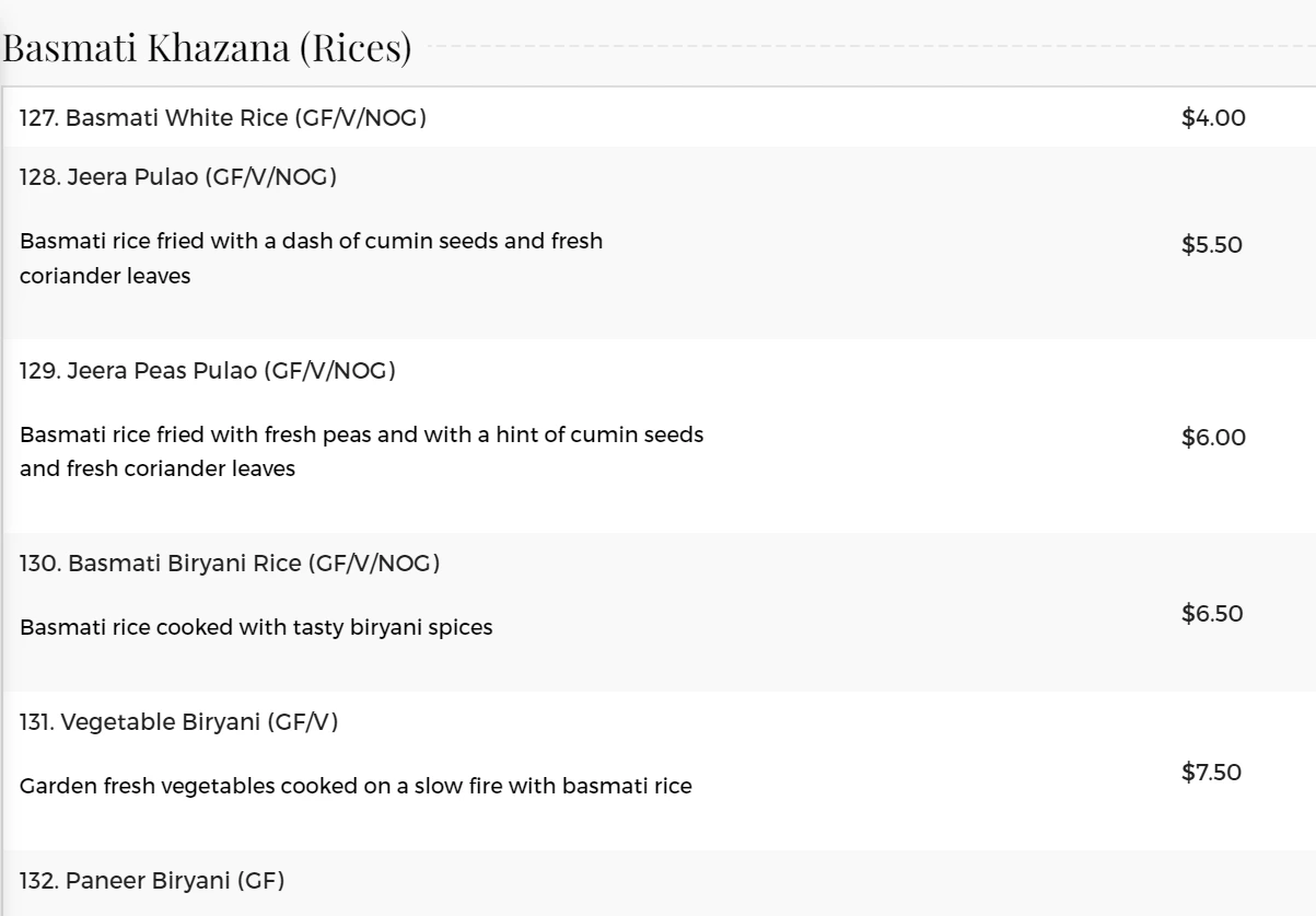 RAJ RESTAURANT RICE MENU 2024