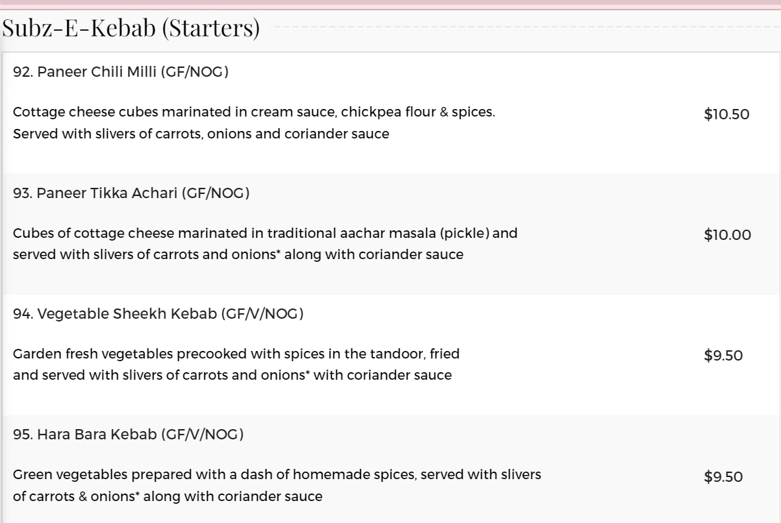 RAJ RESTAURANT STARTERS MENU 2024