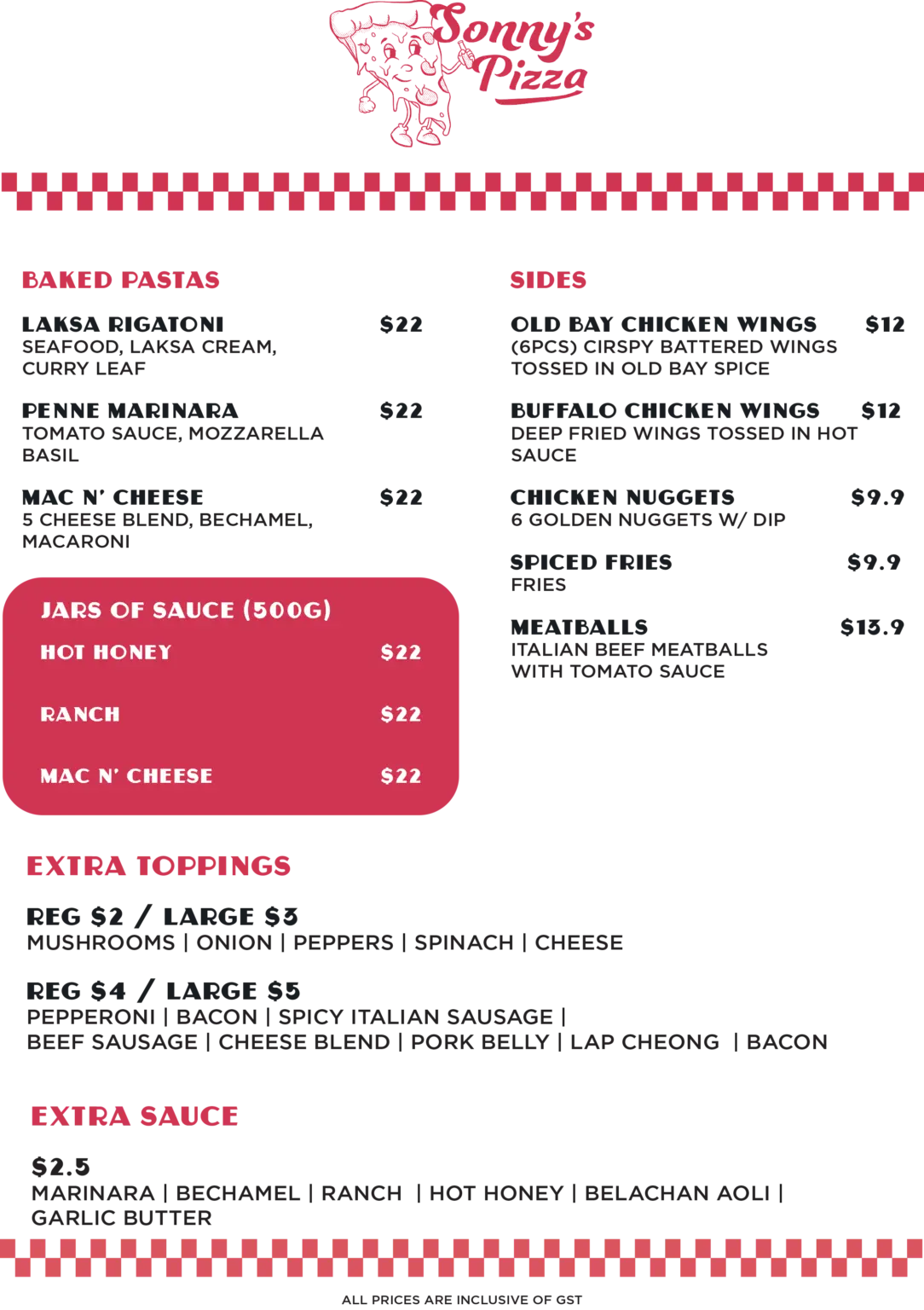 SONNY’S PIZZA SIDES MENU PRICES 2024