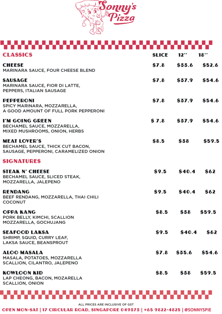 SONNY’S PIZZA WHOLE PIZZA MENU WITH PRICES 2024