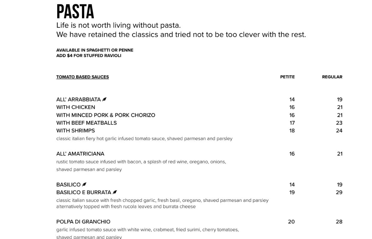 SUPPLY AND DEMAND PASTA MENU PRICES 2024