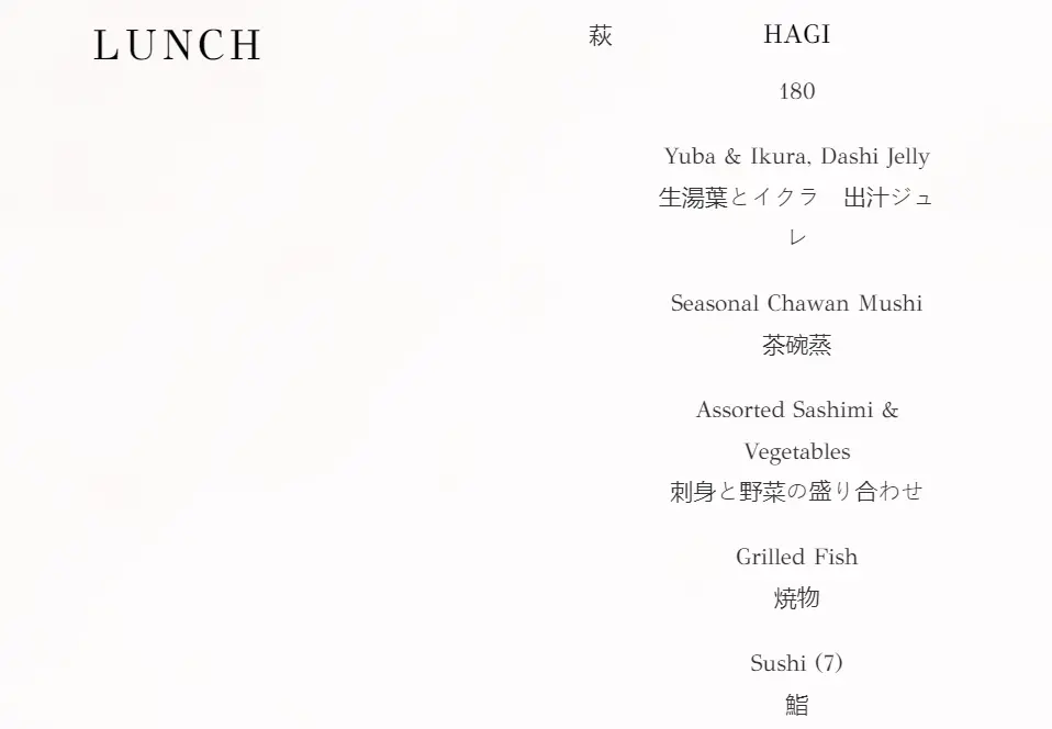 SUSHI KIMURA LUNCH HAGI MENU WITH PRICES 2024