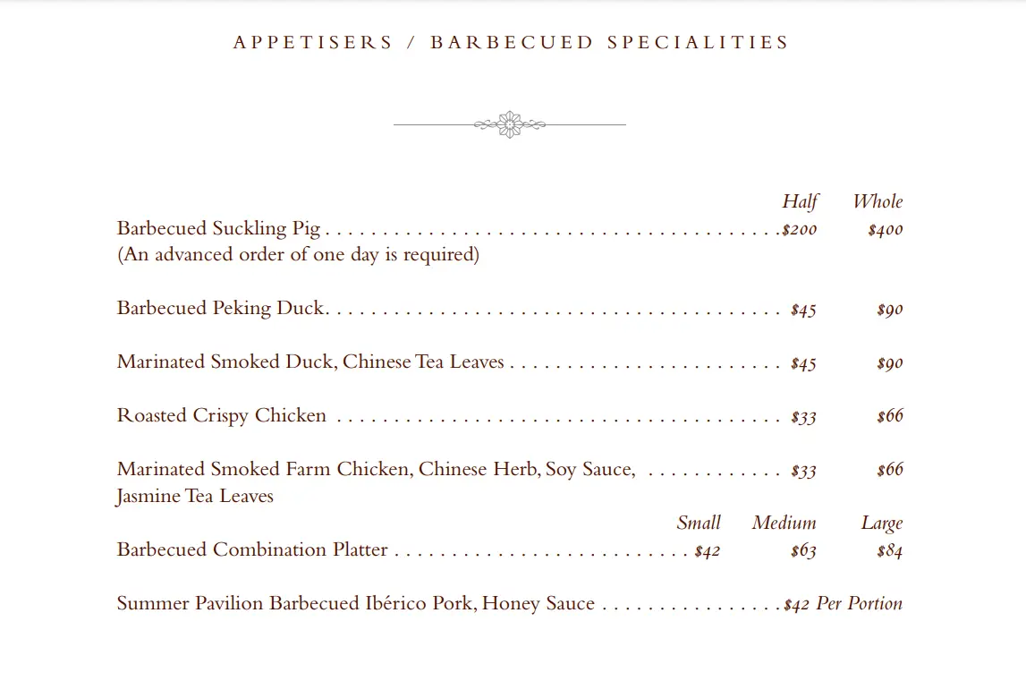 SUMMER PAVILION SPECIALTIES MENU WITH PRICES 2024