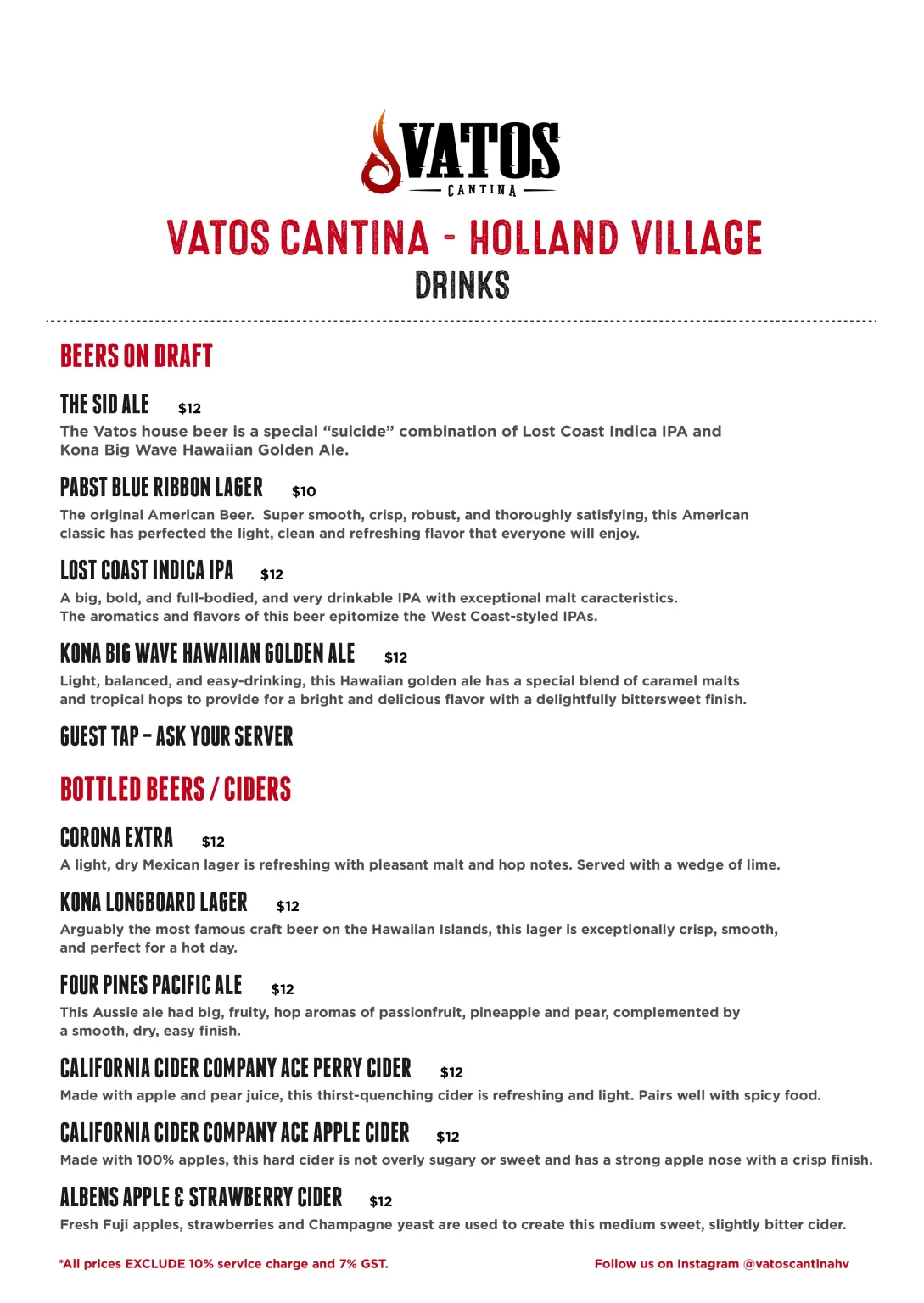 VATOS URBAN TACOS BEVERAGES MENU SINGAPORE 2024