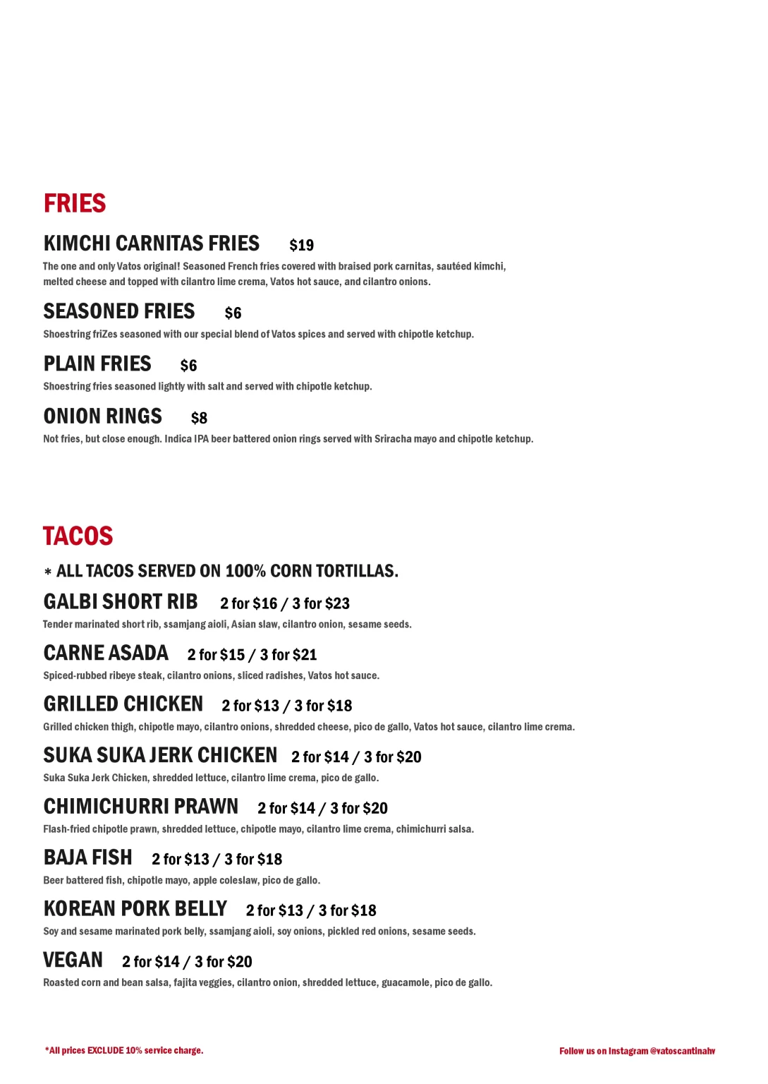 VATOS URBAN TACOS HOLLAND VILLAGE FRIES AND TACOS MENU 2024