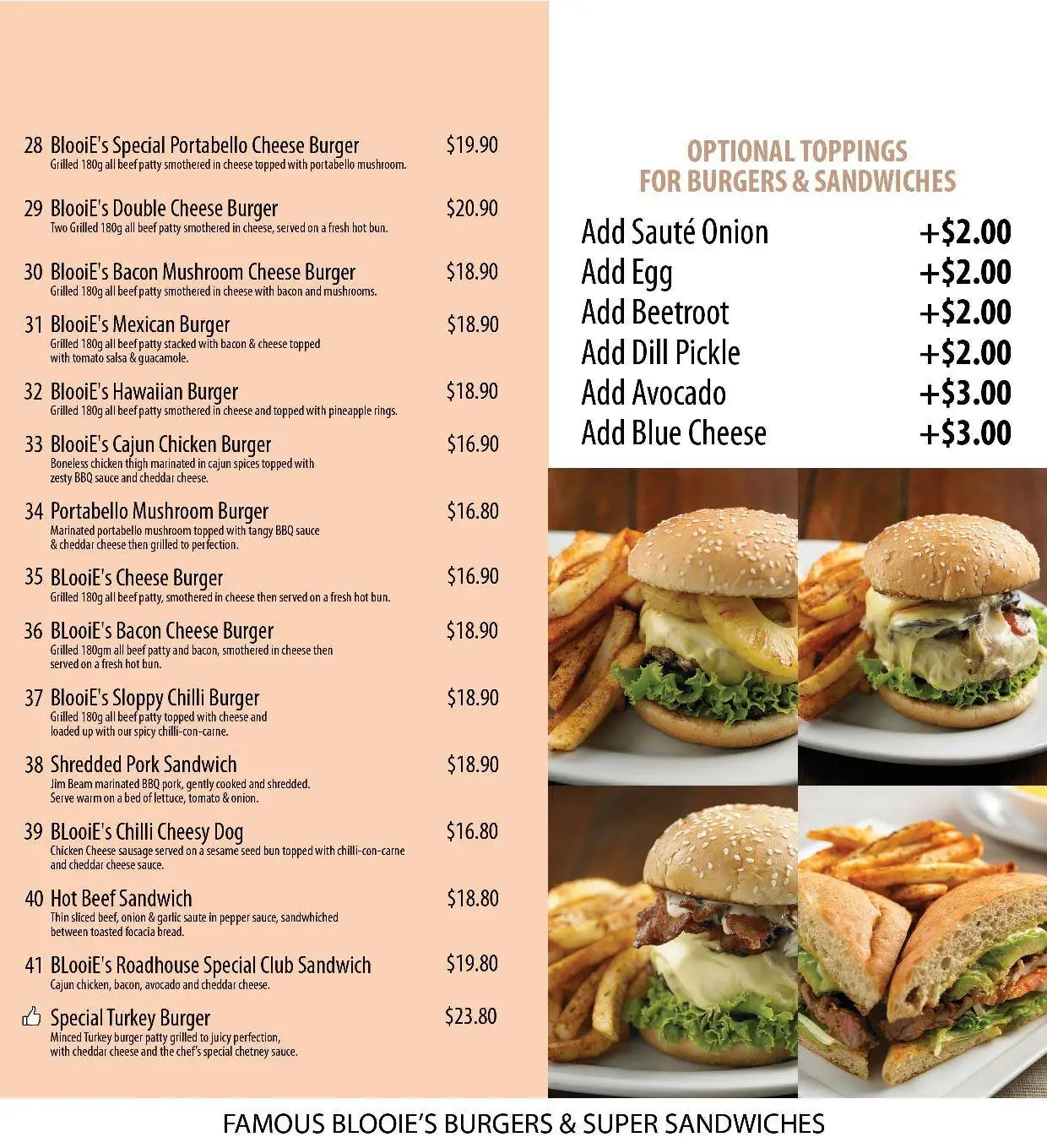 BLOOIE’S BURGERS & SANDWICHES MENU PRICES 2024