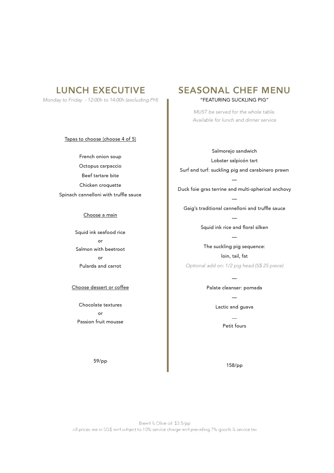 GAIG RESTAURANT LUNCH MENU 2024