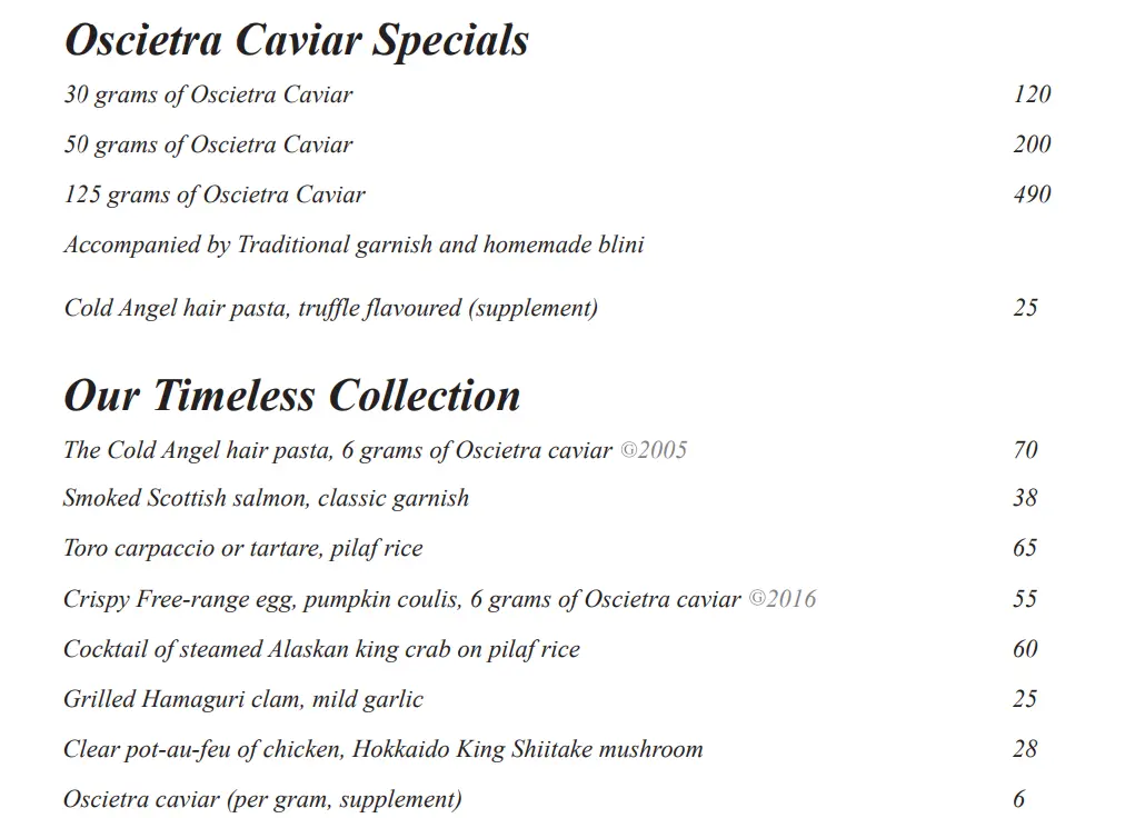 GUNTHER’S OSCIETRA CAVIAR SPECIALS MENU PRICES 2024