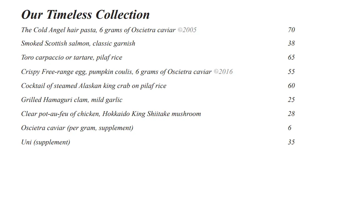 GUNTHER’S OUR TIMELESS COLLECTION MENU PRICES 2024