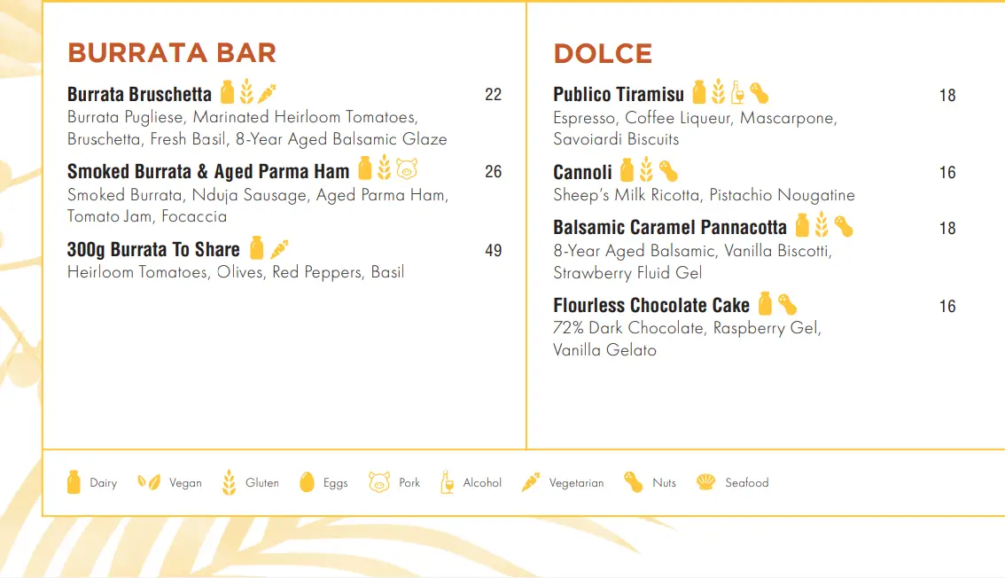 PUBLICO SECONDI MENU PRICES 2024