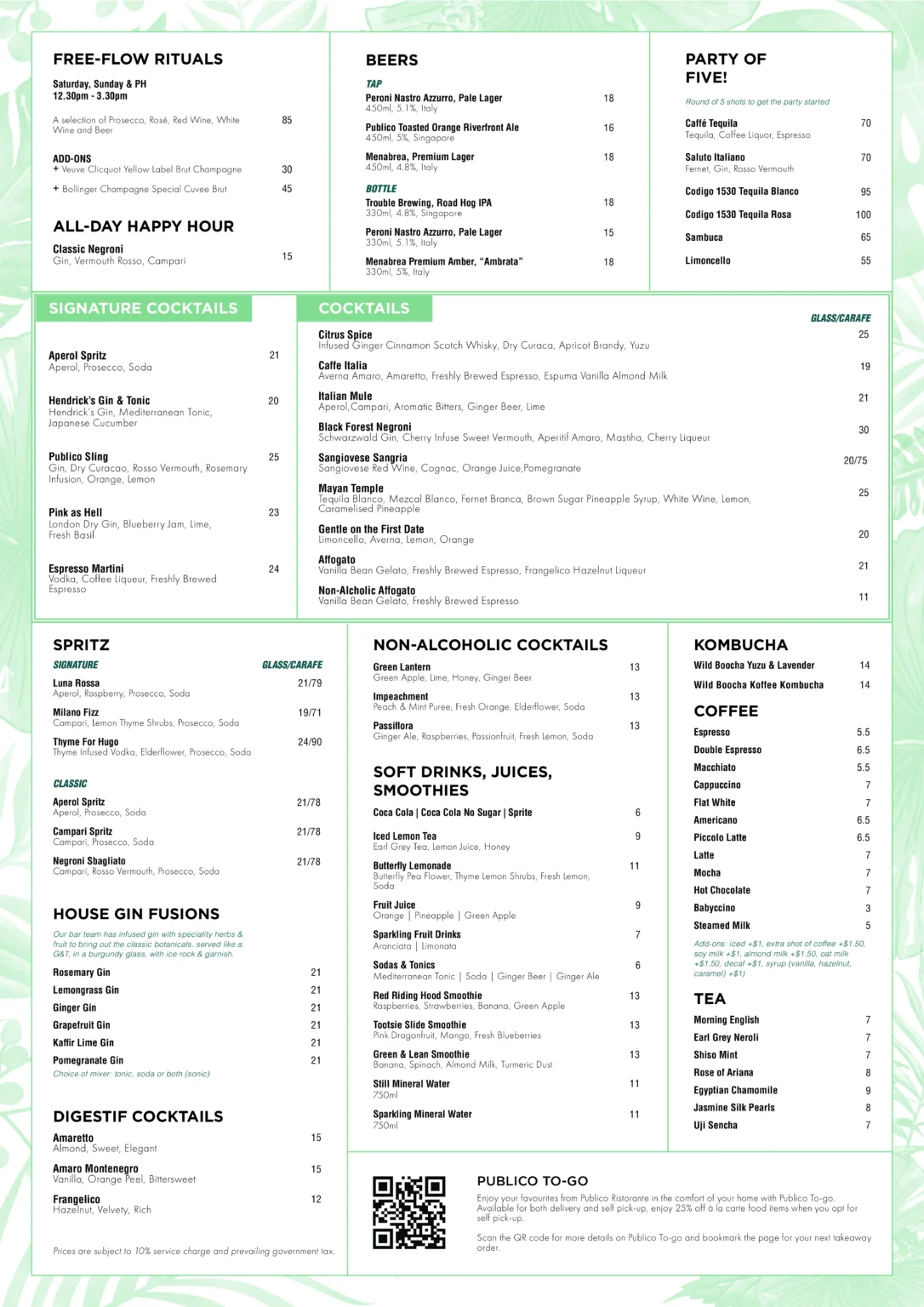 PUBLICO SINGAPORE BEVERAGES MENU PRICES 2024